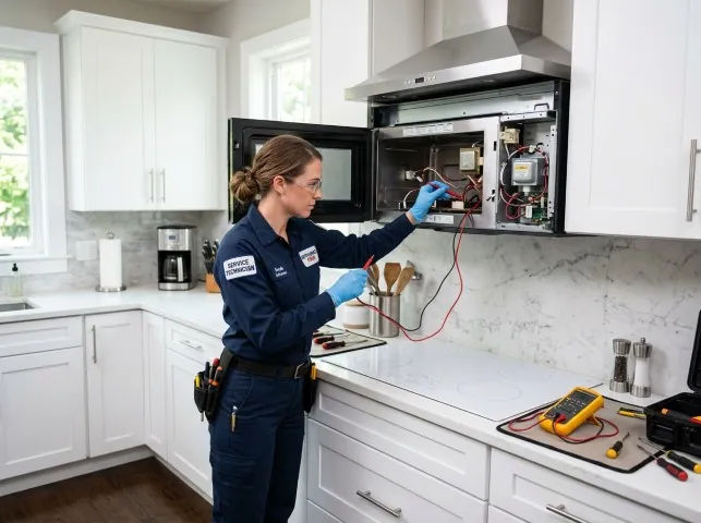 Appliance Repair Hero technician testing an over-the-range microwave in a Athol, ID kitchen